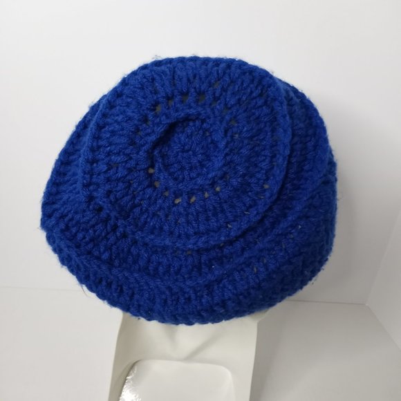 Handmade Floral Crochet Knit Hat w/Flower Blue Women's 9" Round - Picture 2 of 4